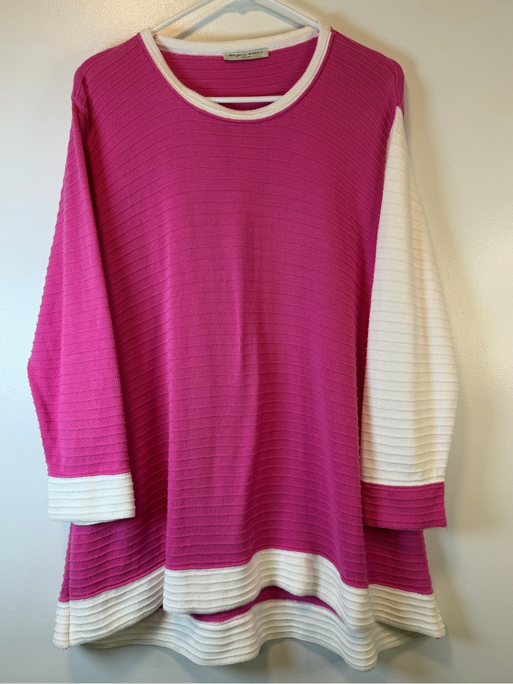 Margaret Winters Two-Tone Ribbed Sweater Pink & White Lagenlook Women’s Large